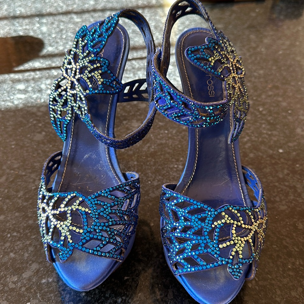 Sergio Rossi Blue and Gold Crystal Shoes, 39.5